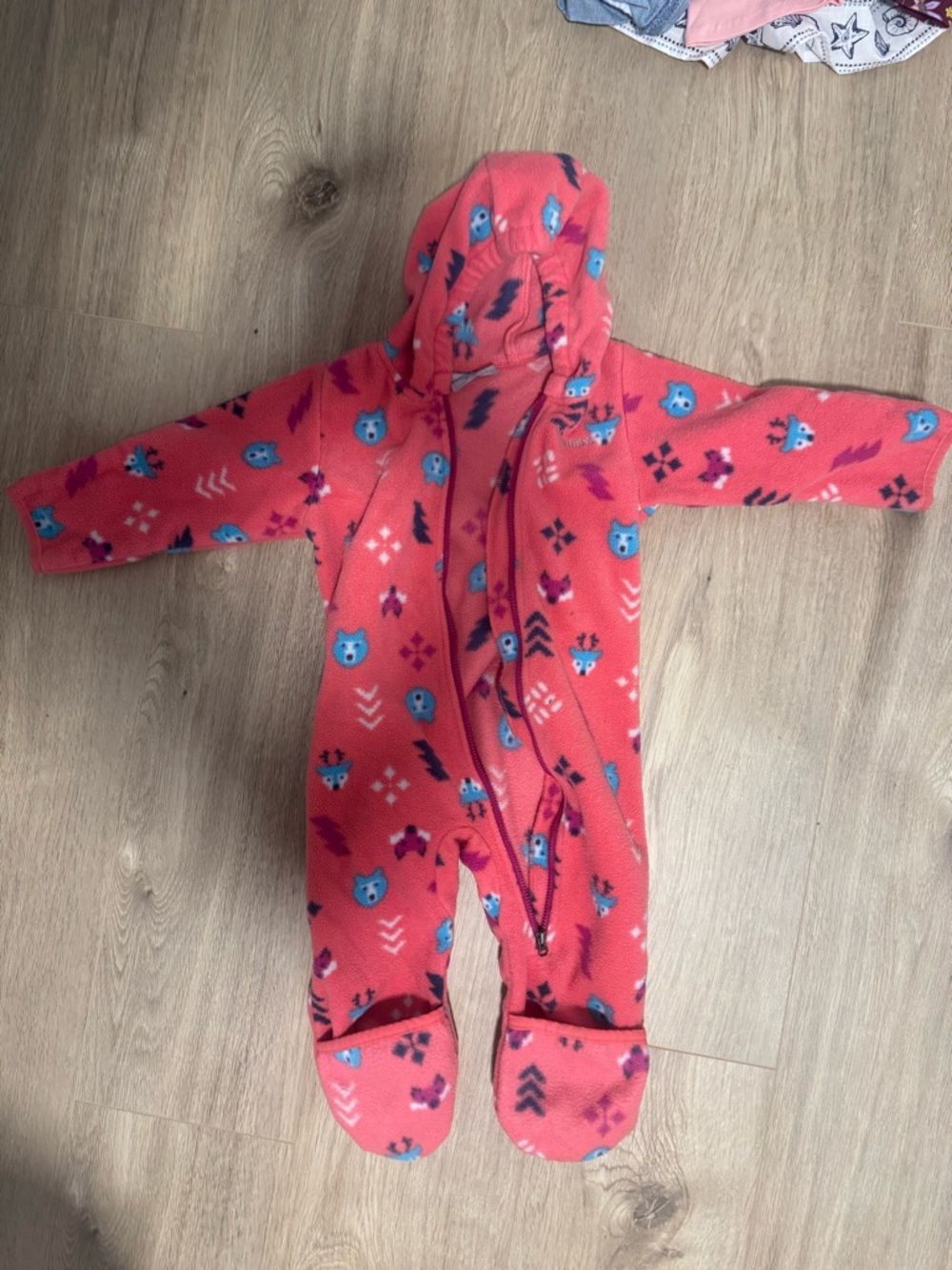 Columbia Pink Hooded Fleece Footed One-Piece with Blue Animal Print